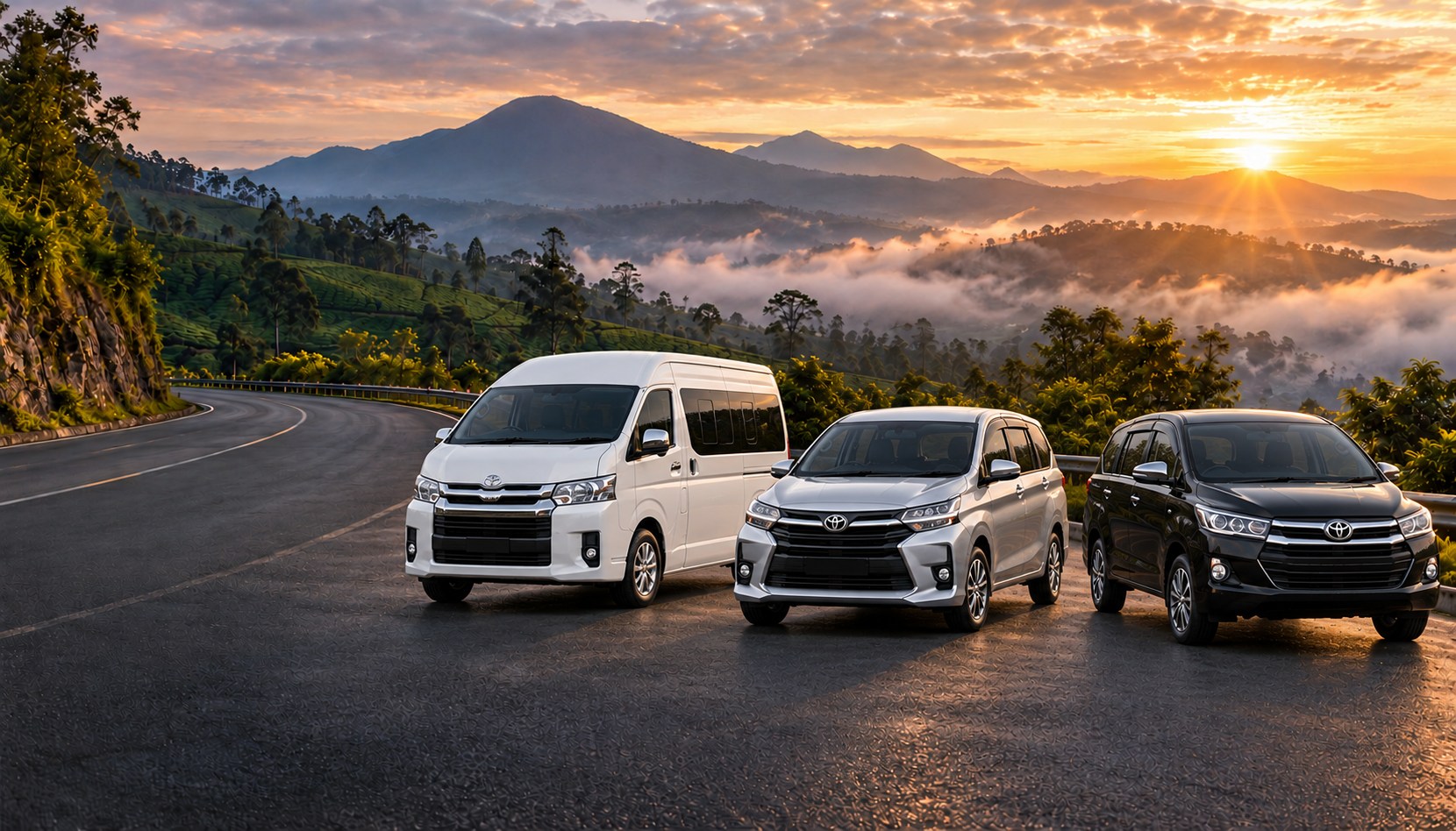 Armada Hiace, Avanza, dan Innova berjajar dengan latar pegunungan